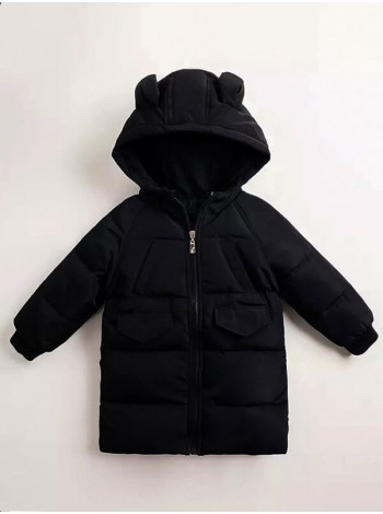 Удлиненная черная детская курточка с ушками